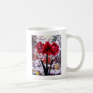 Amaryllis durch Schnee-Fenster Kaffeetasse