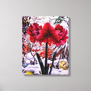 Amaryllis durch Schnee-Fenster Leinwanddruck