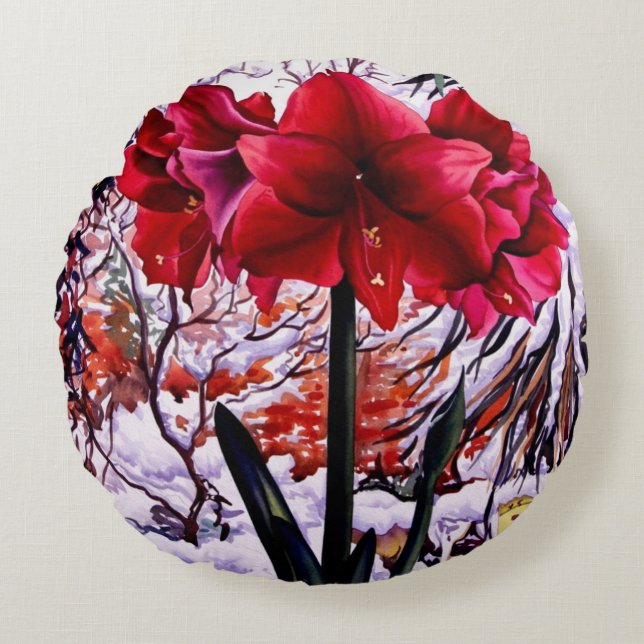 Amaryllis durch Schnee-Fenster Rundes Kissen (Vorderseite)