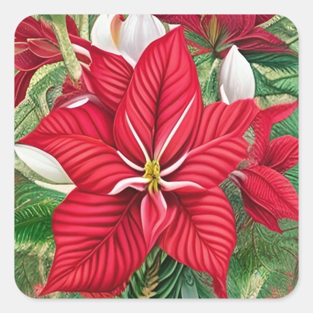 Amaryllis Poinsettia Hybrid AI Art Quadratischer Aufkleber (Vorderseite)