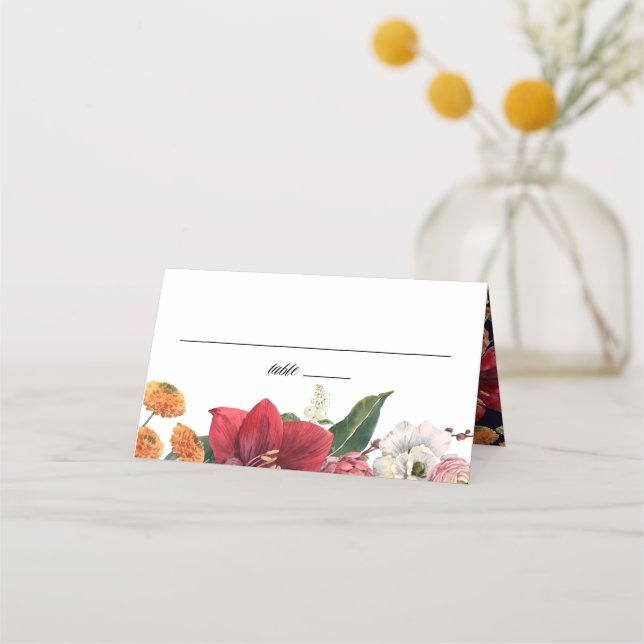 Amaryllis und Chrysanthemums Botanische Hochzeit Platzkarte (Vorderseite)