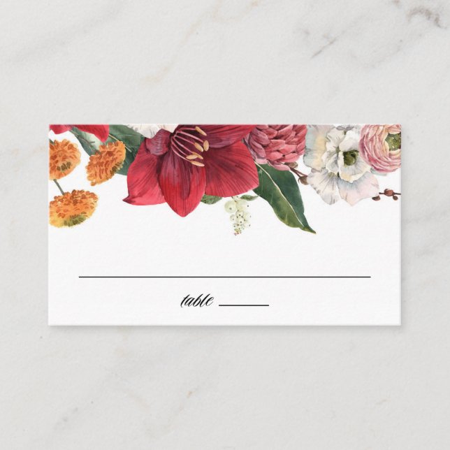 Amaryllis und Chrysanthemums Botanische Hochzeit Platzkarte (Vorderseite)