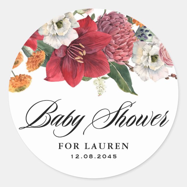 Amaryllis und Chrysanthemums Floral Baby Shower Runder Aufkleber (Vorderseite)