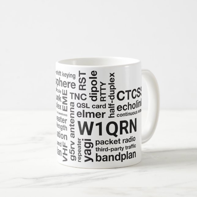 Amateur-Ham Radio Wordclow-Tasse mit Callsign Kaffeetasse (VorderseiteRechts)