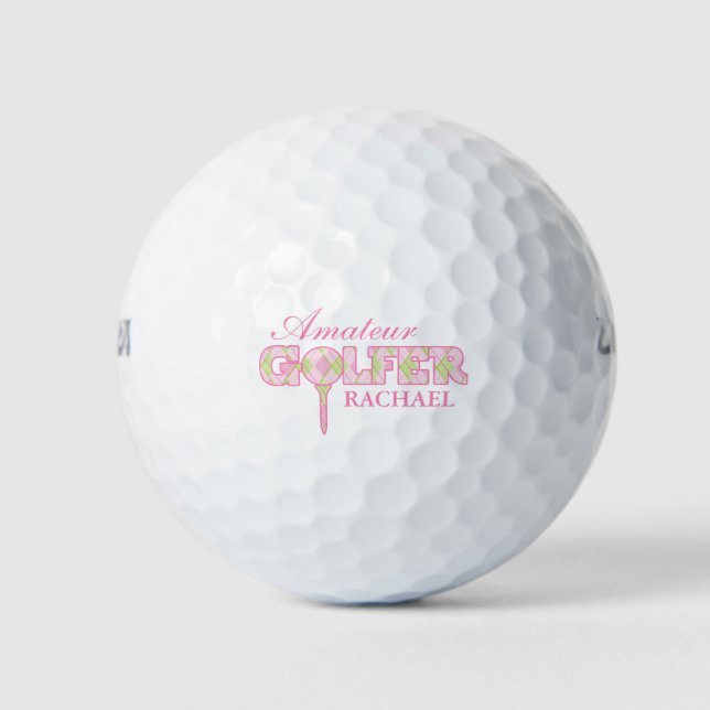 Amateurgolfer pinkfarben karierte personalisierte  golfball (Vorderseite)