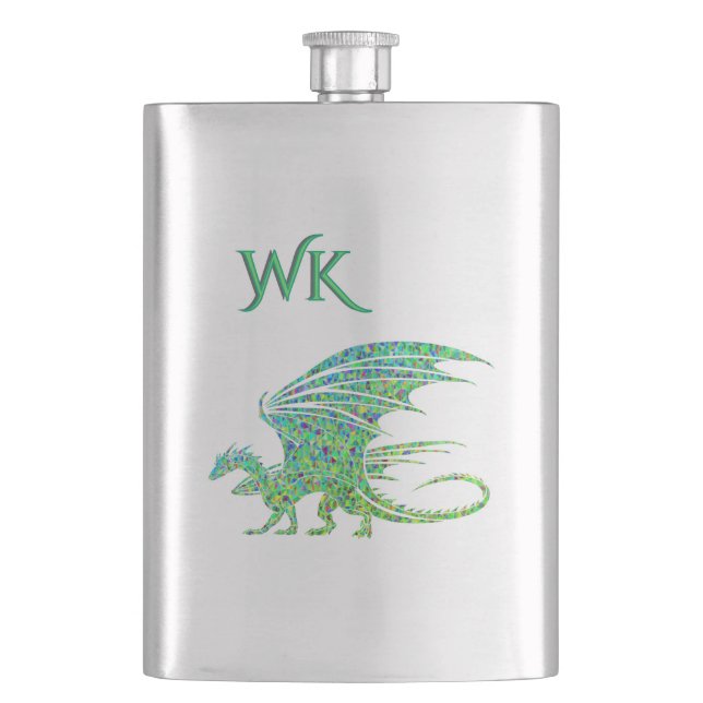Amazing Green Mosaic Dragon Monogram  Flachmann (Vorderseite)