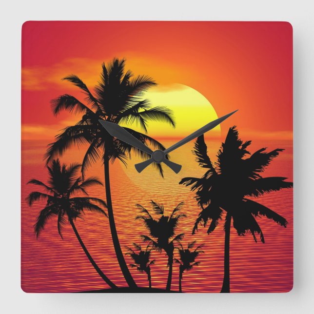 Amazing sunset with palms on tropical beach quadratische wanduhr (Vorderseite)