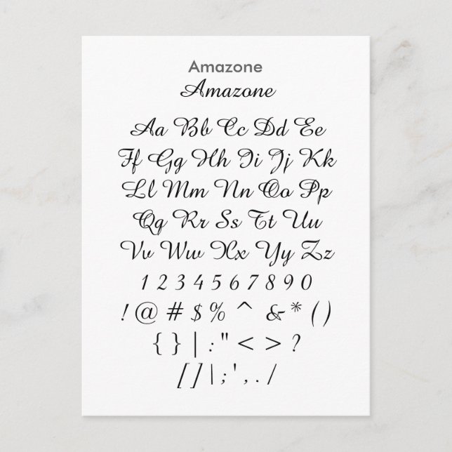 Amazone - Zazzle-Schriftart-Musterblatt Postkarte (Vorderseite)