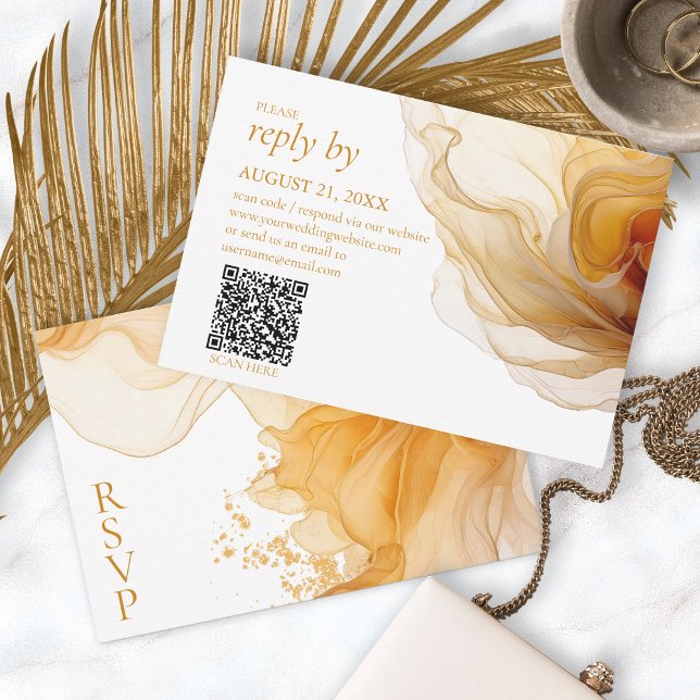 Amber Brandy Abstrakt Ink Wedding QR Code ID1089 RSVP Karte (Von Creator hochgeladen)