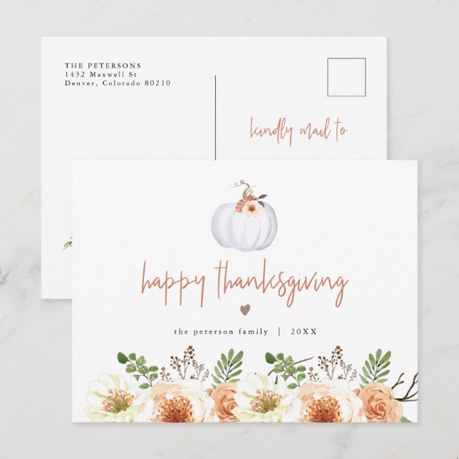 AMBER Fall White Pumpkin and Floral Erntedank Postkarte (Vorne/Hinten)