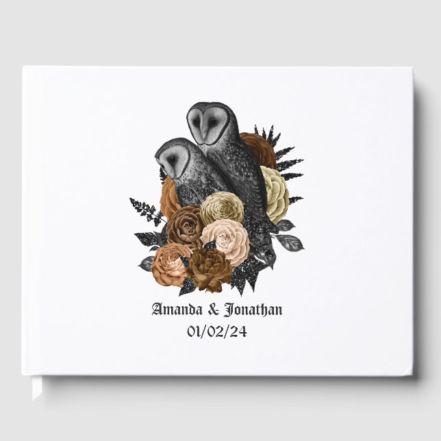 Amber Floral Owls Gothic Wedding Gästebuch (Vorderseite)
