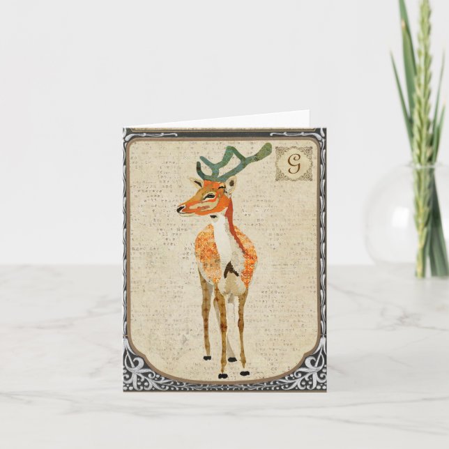 Amber Stag Vintage Monogramm-Notecard (Vorderseite)