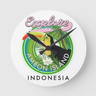 Ambon Island Indonesia Reiselogo Wood Wall Art Runde Wanduhr