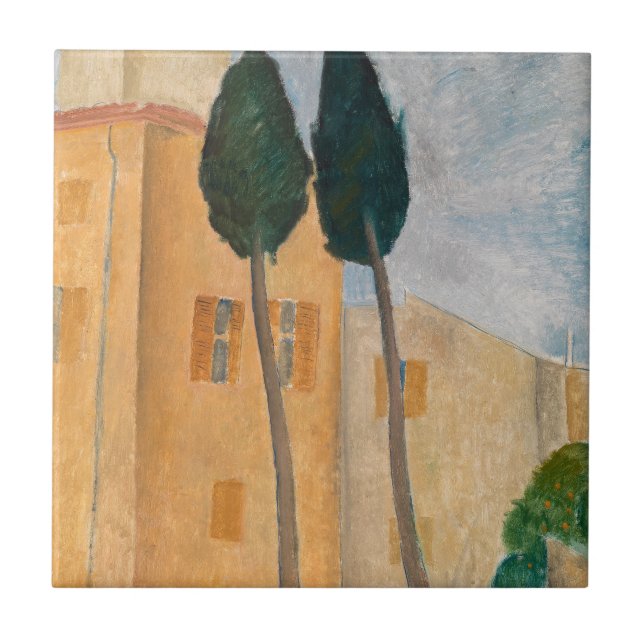 Amedeo Modigliani - Zypressen und Häuser in Cagnes Fliese (Vorderseite)