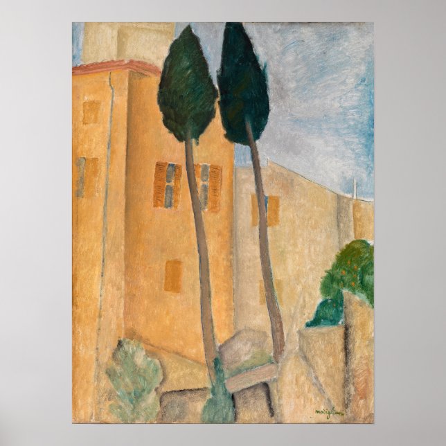 Amedeo Modigliani - Zypressen und Häuser in Cagnes Poster (Vorne)