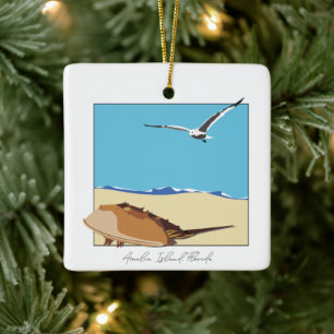 Amelia Island, FL Horseshoe Crab Sea Gull Beach Keramikornament