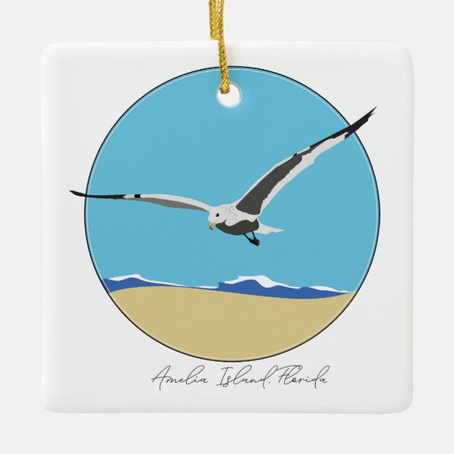 Amelia Island, Florida Sea Gull Überfliegen Strand Keramikornament (Vorderseite)