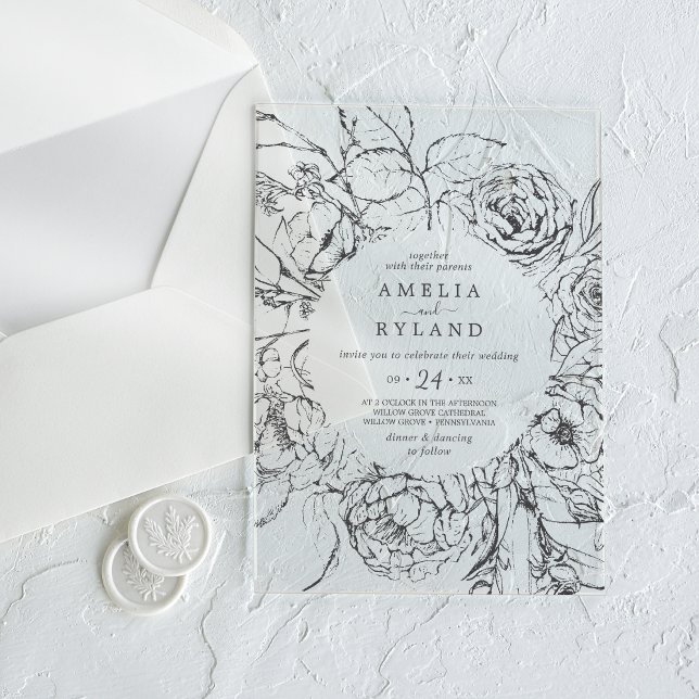 AMELIA Moderne Botanische Hochzeit der Blumen Acryleinladungen (AMELIA Modern Elegant Botanical Floral Wedding Acrylic Invitations)