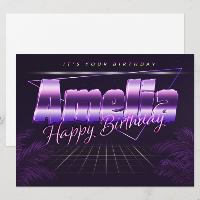Amelia Name Vorname lila retro Karte Geburtstag (Vorne/Hinten)