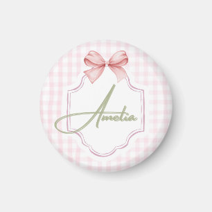 Amelia Personalisiert Pink Bow & Gingham Print Magnet
