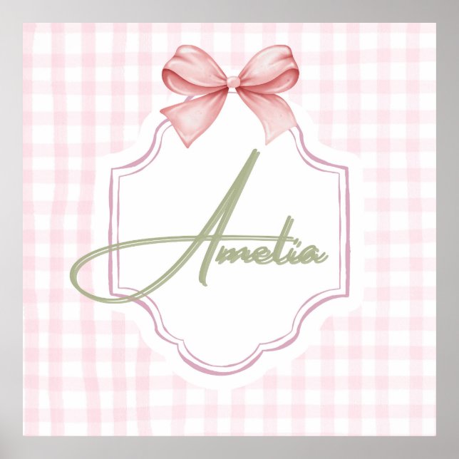 Amelia Personalisiert Pink Bow & Gingham Print Poster (Vorne)