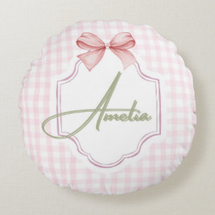 Amelia Personalisiert Pink Bow & Gingham Print Rundes Kissen
