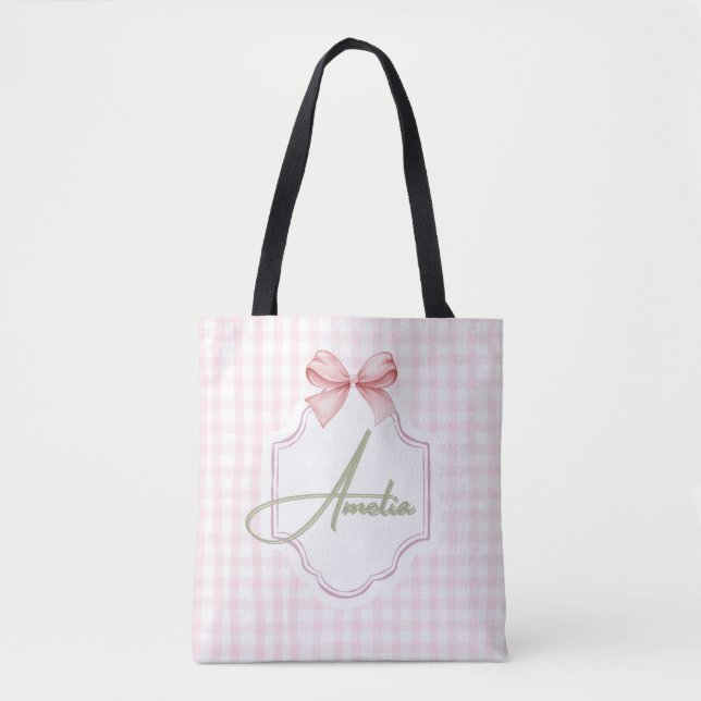 Amelia Personalisiert Pink Bow & Gingham Print Tasche (Vorderseite)