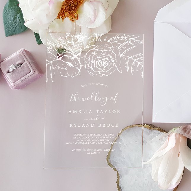 AMELIA White Bohemisch Floral Botanical Wedding Acryleinladungen (Von Creator hochgeladen)