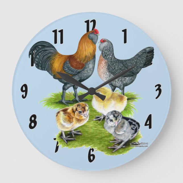 Ameraucana Chicken Family Große Wanduhr (Vorderseite)