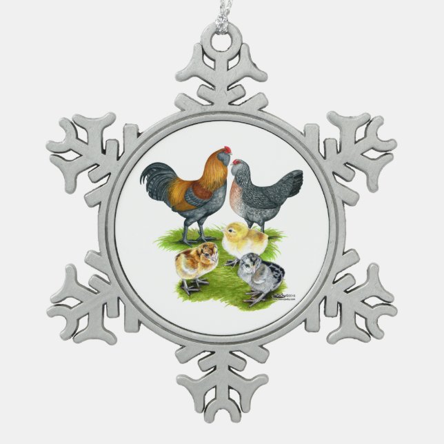 Ameraucana Huhn-Familie Schneeflocken Zinn-Ornament (Vorderseite)