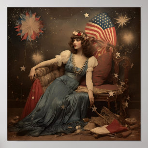Ameriana New Years Frau mit Flagge Poster