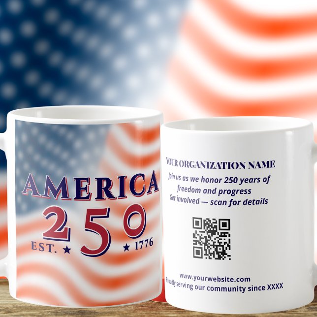 America 250 1776 2026 Benutzerdefinierter QR-Code  Kaffeetasse (AMERICA 250 1776 2026 Custom Text & QR Code Patriotic Giveaway Commemorative Gift Coffee Mug)