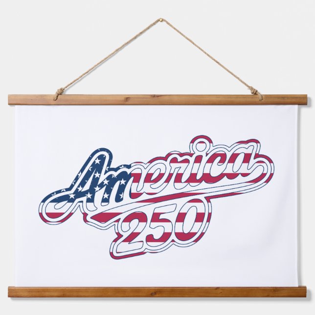 America 250 Flag Script Semiquincentennial Design Wandteppich Mit Holzrahmen (Vorne)