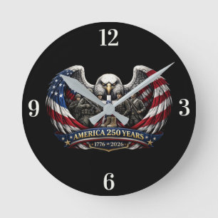 America 250 Patriotischer Adler und Militär-Tribut Runde Wanduhr