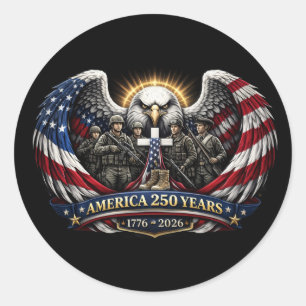 America 250 Patriotischer Adler und Militär-Tribut Runder Aufkleber