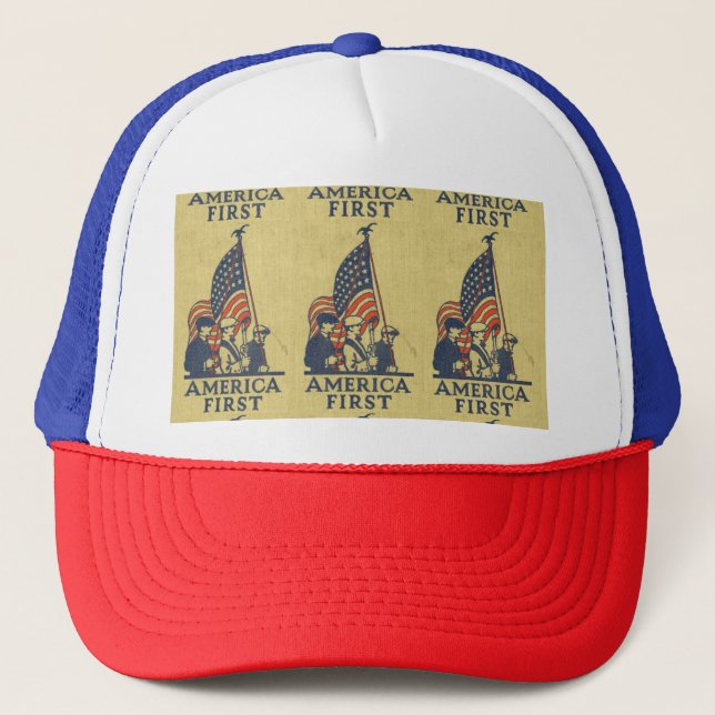 America First American Flag Patriots Vintager Text Truckerkappe (Vorderseite)