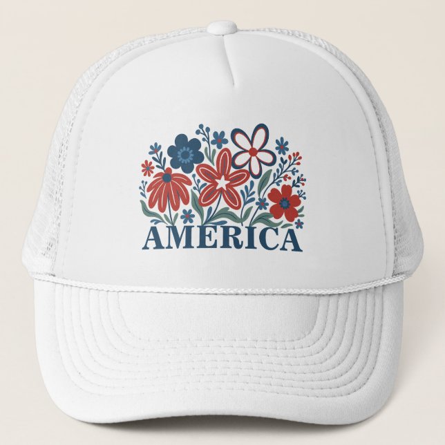 America Red, White and Blue Flowers Trucker Hat Truckerkappe (Vorderseite)