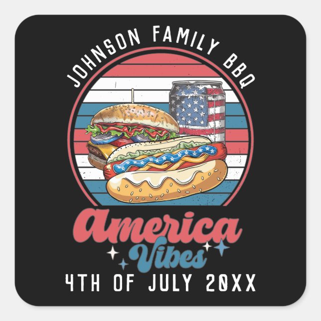 America Vibes 4. Juli Patriotic Personalisiert Quadratischer Aufkleber (Vorderseite)
