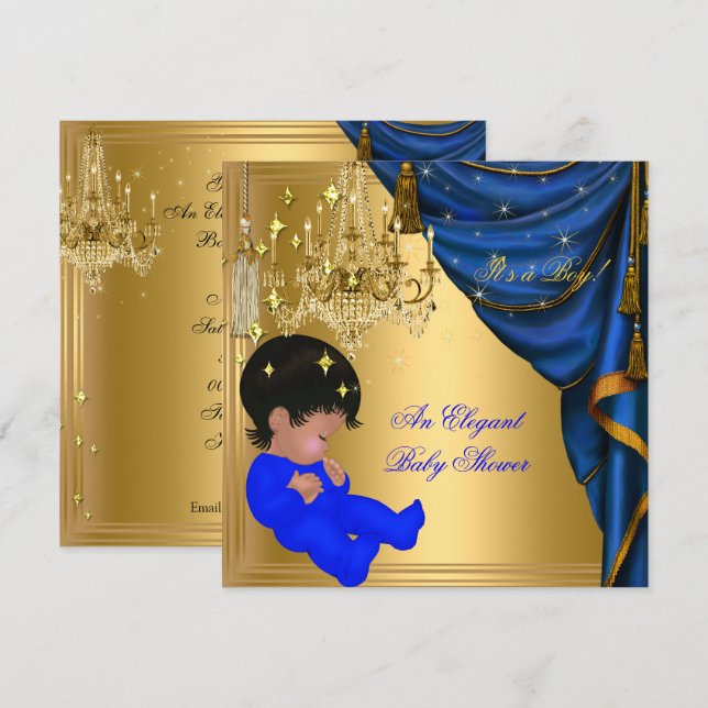 American African Baby Shower Boy Blue Gold Einladung (Vorne/Hinten)