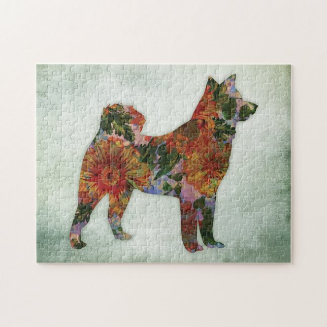 American Akita Dog floral on Green (Horizontal)