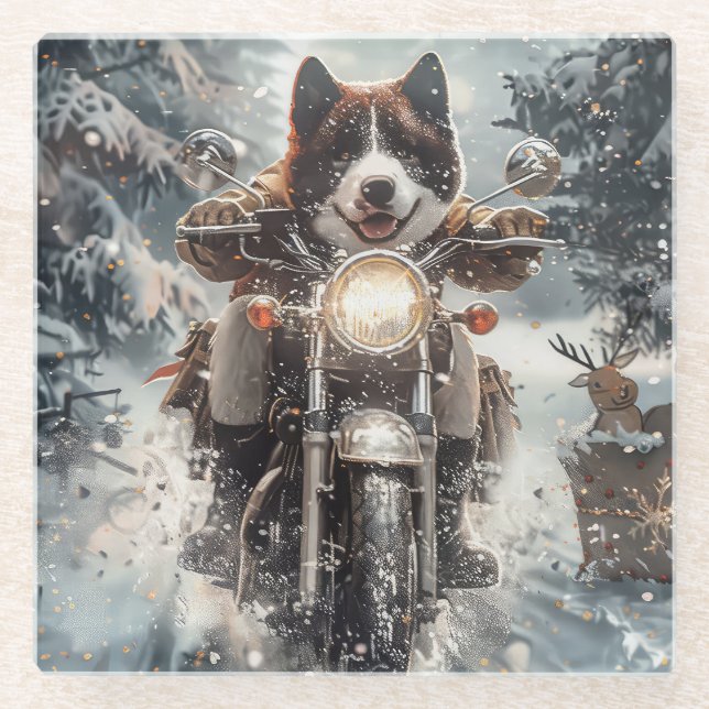 American Akita Dog Riding Motorrad Weihnachten Glasuntersetzer (Vorderseite)