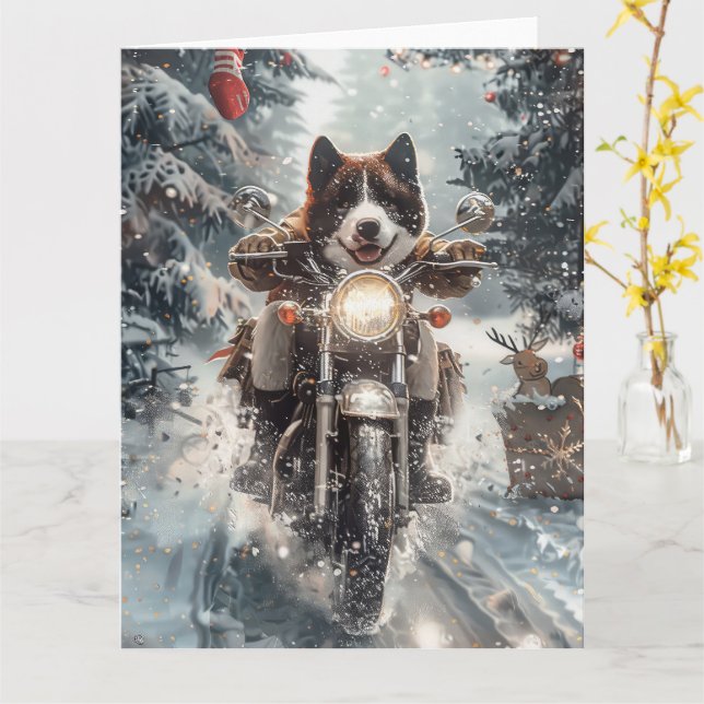 American Akita Dog Riding Motorrad Weihnachten Karte (Gelbe Blume)