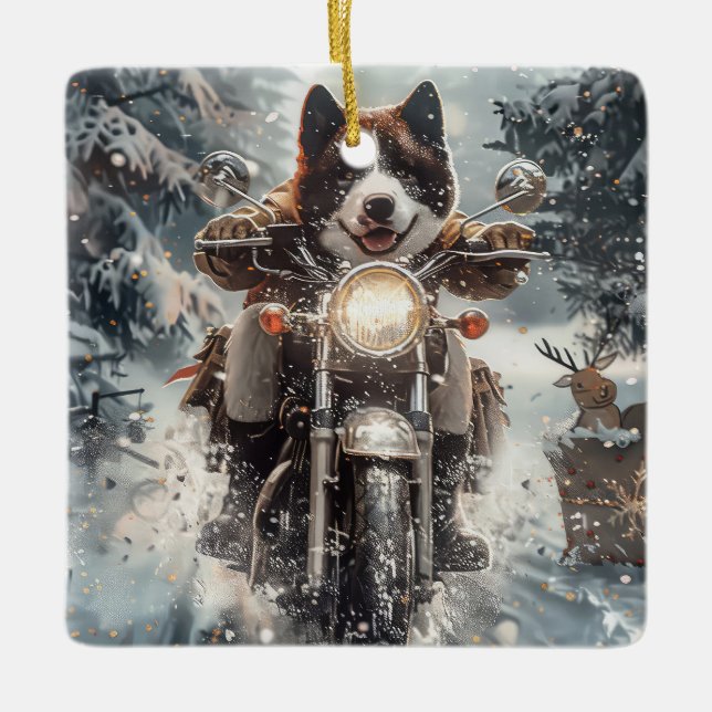 American Akita Dog Riding Motorrad Weihnachten Keramikornament (Vorderseite)
