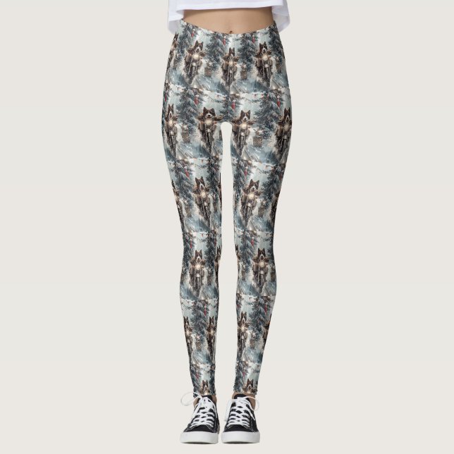 American Akita Dog Riding Motorrad Weihnachten Leggings (Vorderseite)