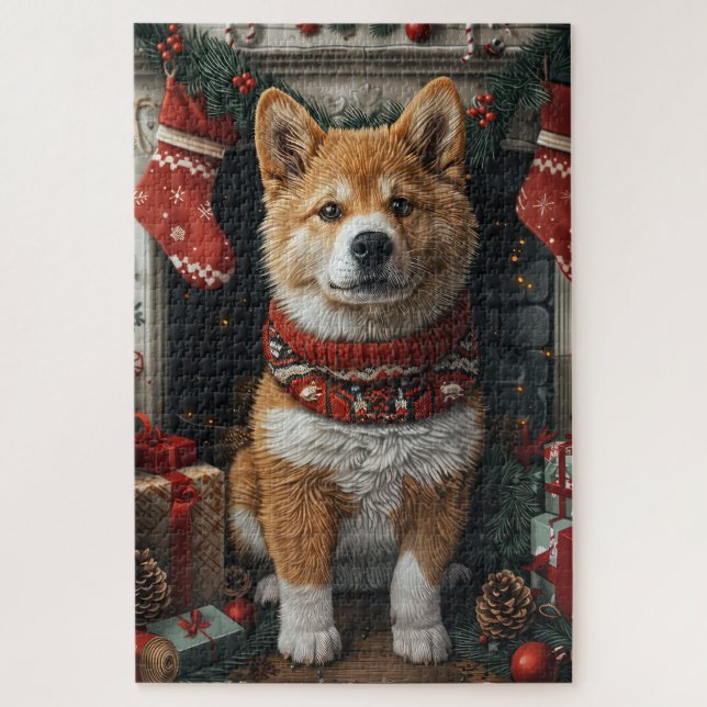 American Akita mit Weihnachtsgeschenken Feuerplatz (Vertikal)
