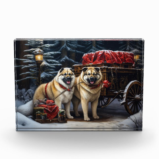 American Akita Snowy Sleigh Ride Weihnachtsdekor Fotoblock (Vorderseite)