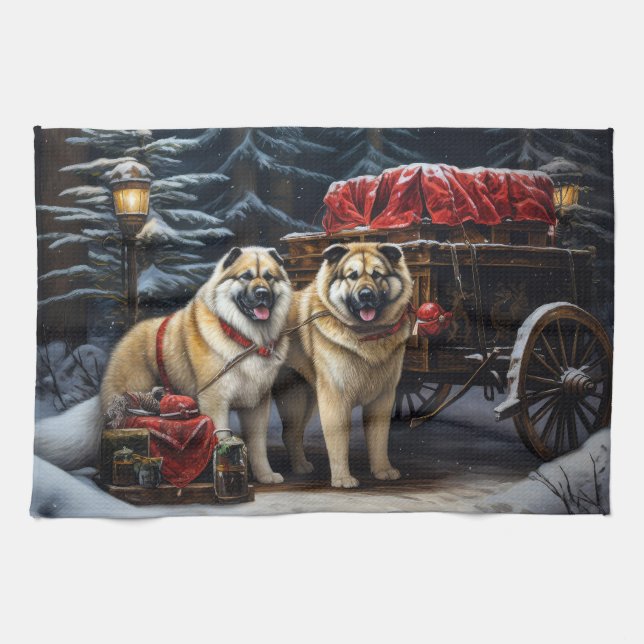 American Akita Snowy Sleigh Ride Weihnachtsdekor Geschirrtuch (Horizontal)