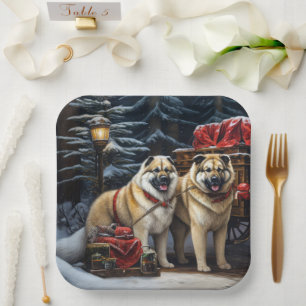 American Akita Snowy Sleigh Ride Weihnachtsdekor Pappteller