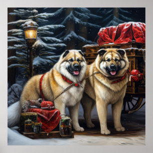 American Akita Snowy Sleigh Ride Weihnachtsdekor Poster