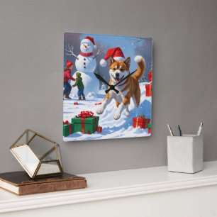 American Akita Weihnachtsfest Schneeszene Quadratische Wanduhr